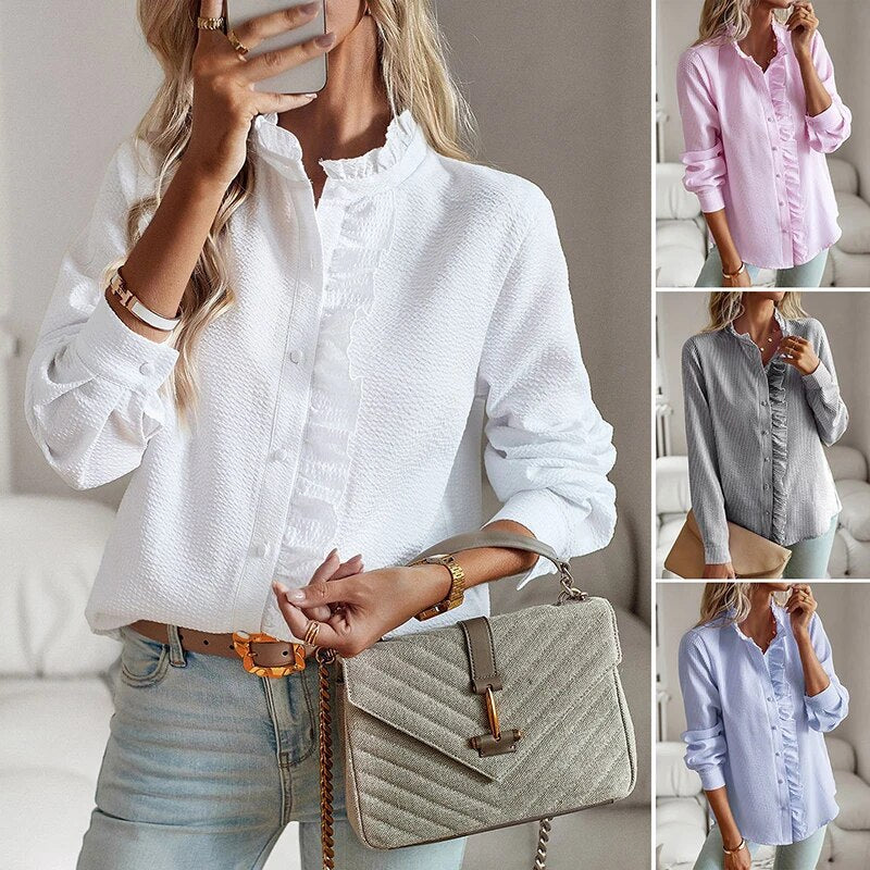Blouse met knoopsluiting en subtiele geplooide afwerking