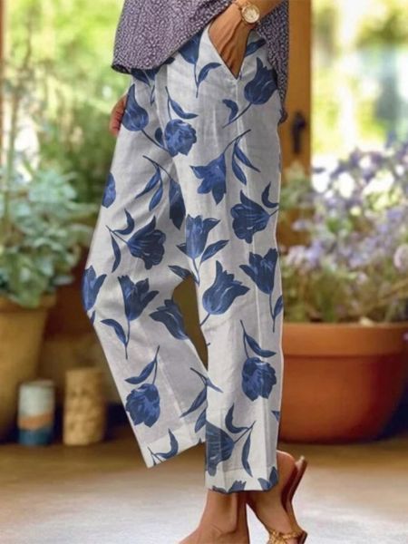 Rechte broek met bloemenpatroon en elastische taille